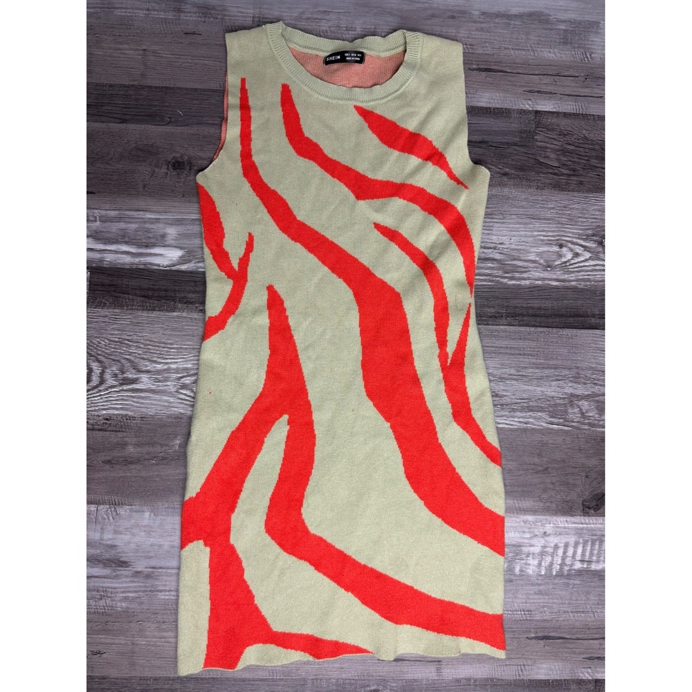SHEIN Womens Sage Green Orange Zebra Print Knit Sleeveless Sweater Mini Dress S - Picture 3 of 3